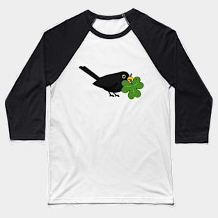 Cute Blackbird with Shamrock Clover Cartoon Baseball T-Shirt